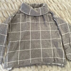 Gray Turtleneck Sweater with White Grid Pattern